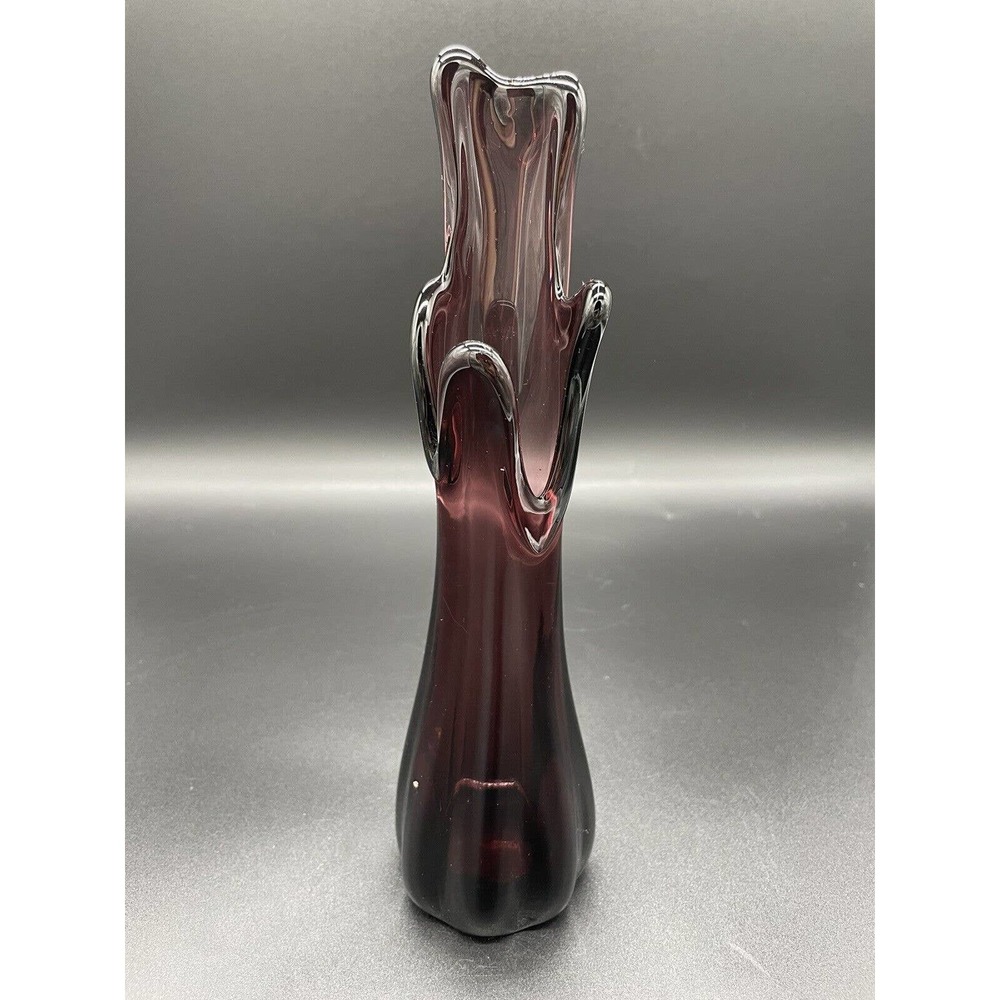 Vintage Purple Amethyst 5 Finger Swung Glass Vase 10” MCM Stretch Vase